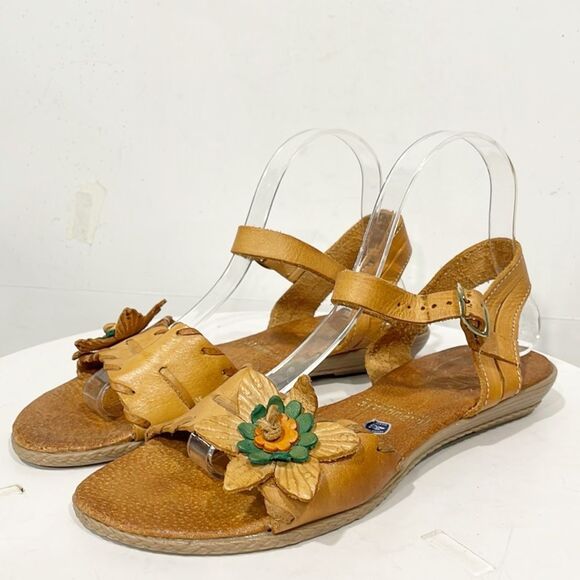 Genuine Leather Women Flat Sandals Made in Mexico Flower‎ Sz 7.5 Summer - Picture 1 of 15
